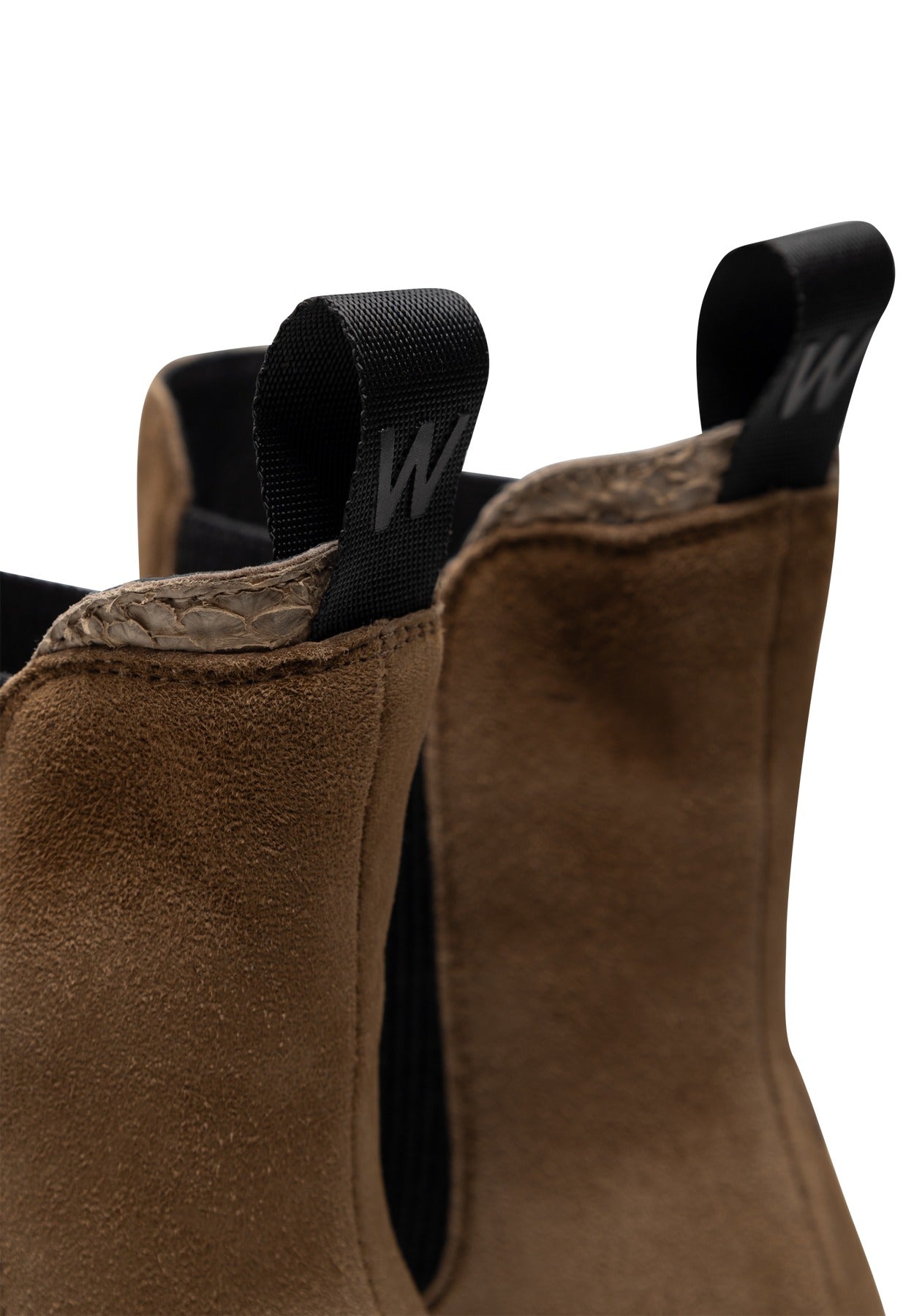 Khaki Aya Suede Boot by Woden with elastic side panels and pull tabs