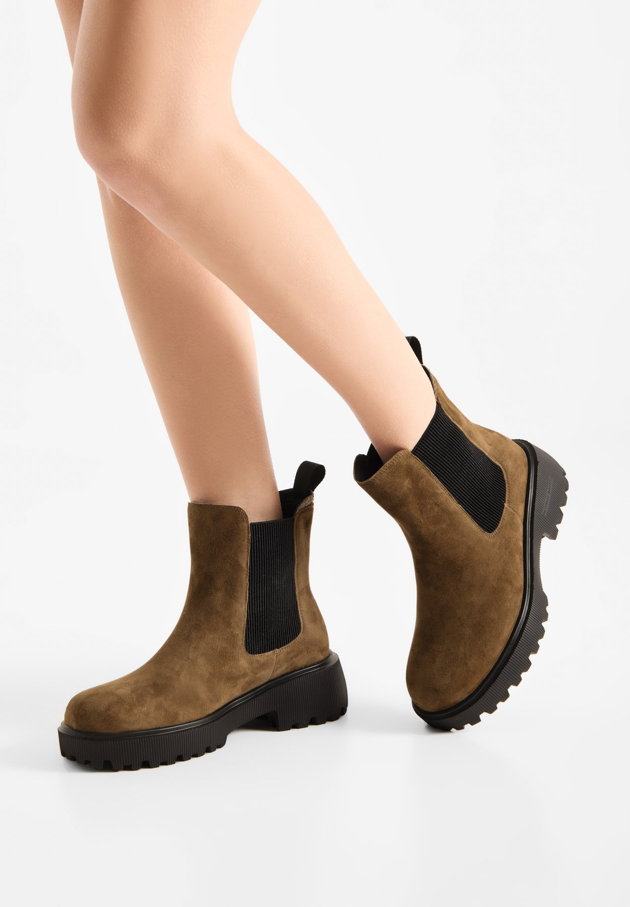 Khaki Aya Suede Boot by Woden in khaki suede with black elastic side panels and lug soles