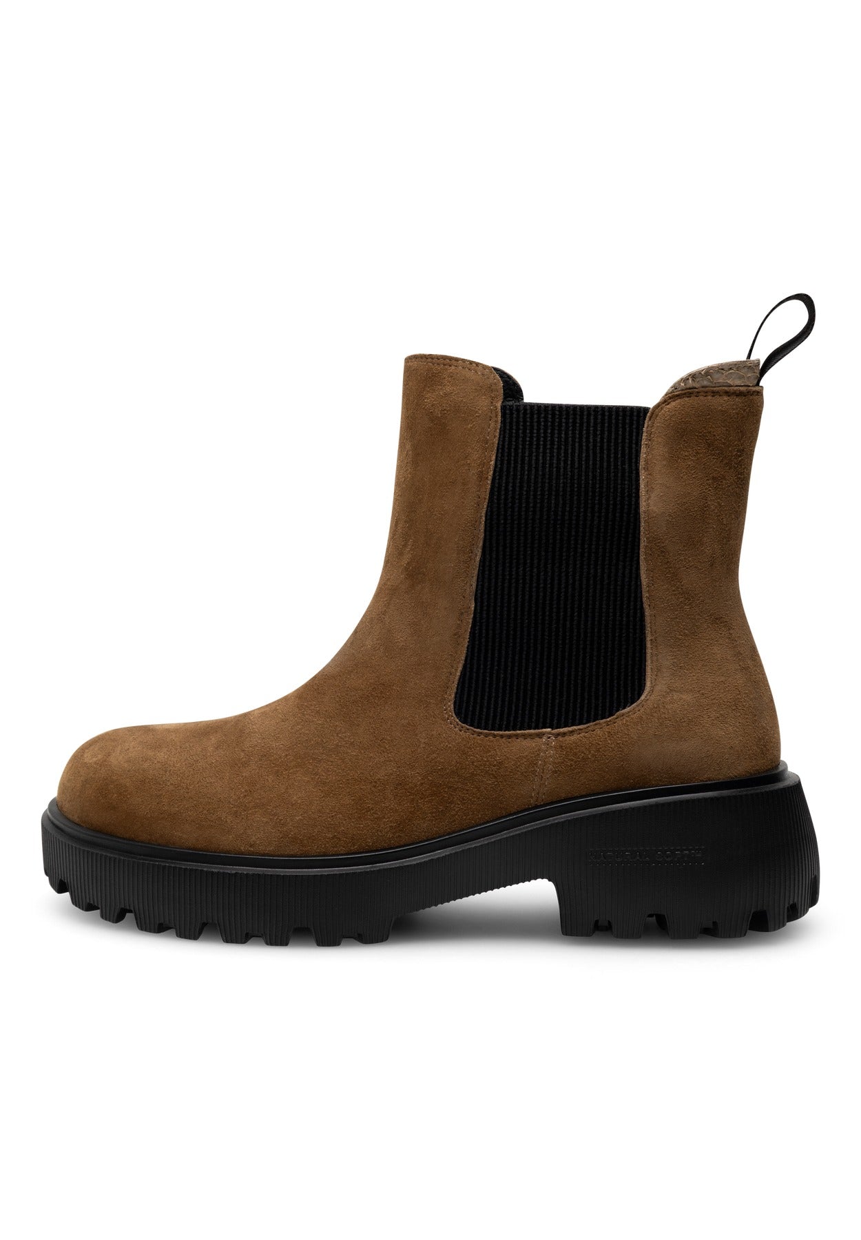 Khaki Aya Suede Boot by Woden in khaki suede with black elastic side panel and lug sole
