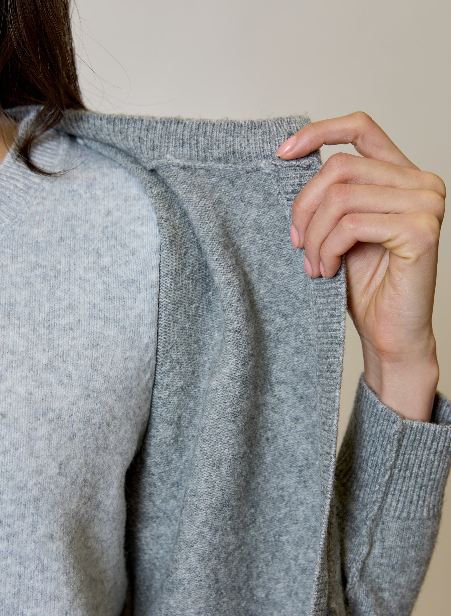 Airstream Twofer Cardigan Sweater by design history in gray knit with layered front detail close-up