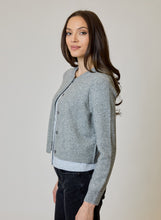 Airstream Twofer Cardigan Sweater by design history in gray layered style on model