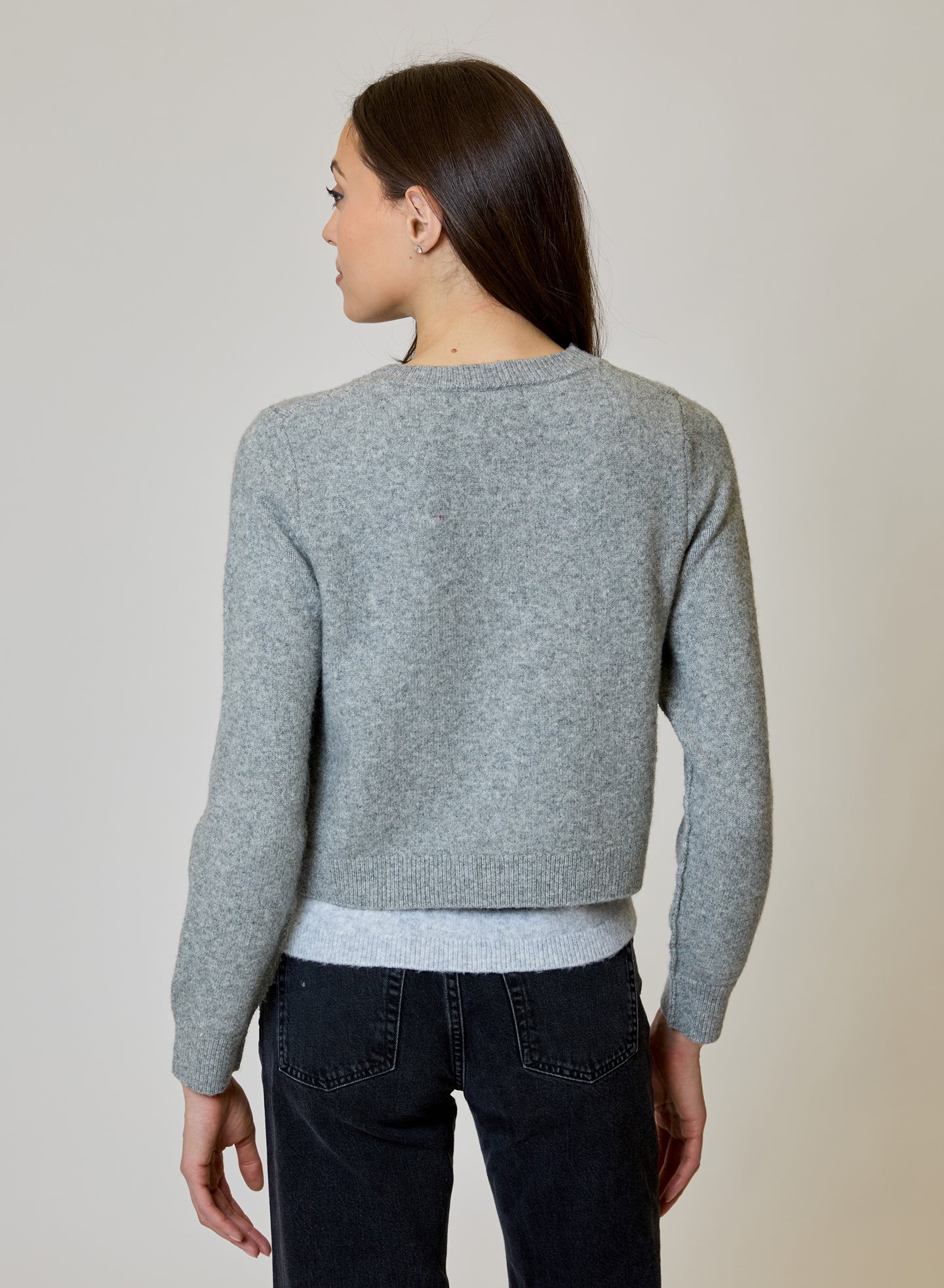 Airstream Twofer Cardigan Sweater by design history gray cardigan back view on model
