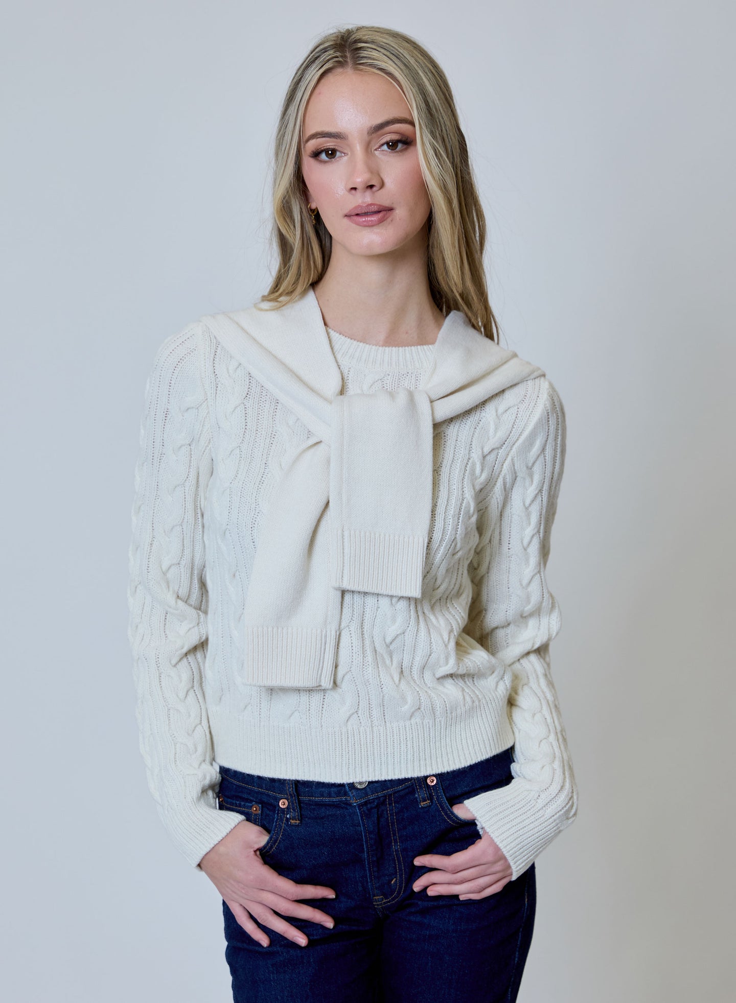 design history Canvas Double Layer Sweater in white with textured knit and layered scarf detail