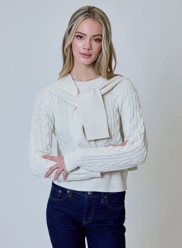 design history Canvas Double Layer Sweater in cream cable knit with layered scarf detail