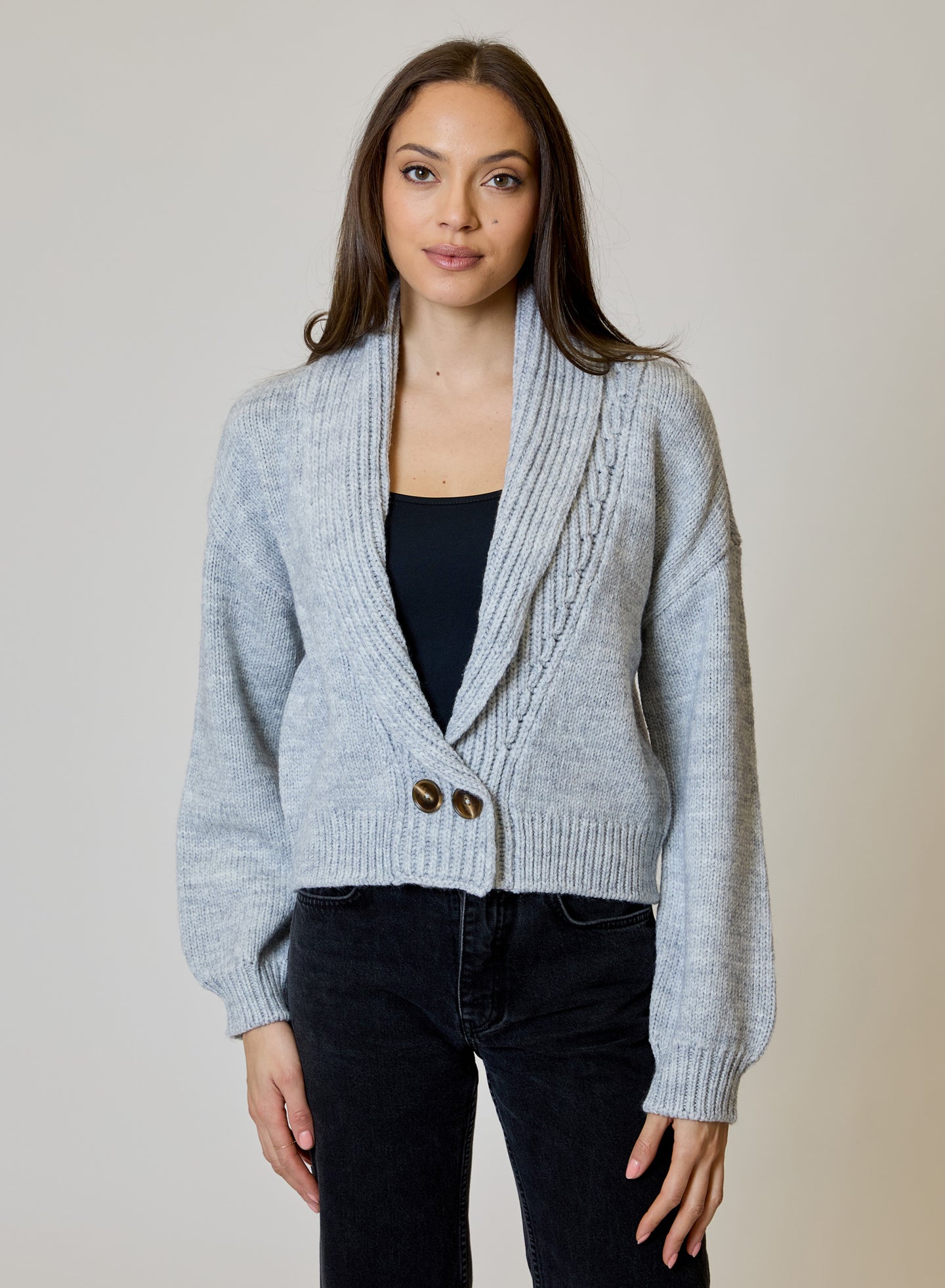 Airstream Shawl Collar Cardigan by design history in light gray worn with a black top and jeans