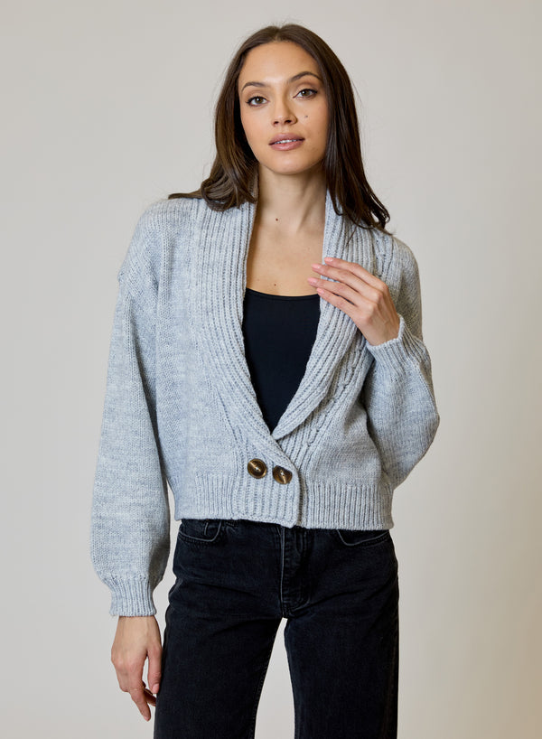 Airstream Shawl Collar Cardigan by design history in light gray knit with button front worn by a model