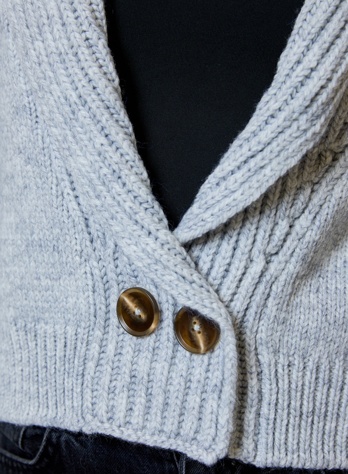 Airstream Shawl Collar Cardigan by design history with textured knit collar and tortoiseshell buttons