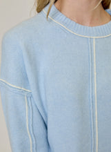 Blue Echo Sweater by design history in light blue knit with cream contrast trim