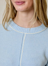 Blue Echo Sweater by design history in light blue with cream contrast trim and a ribbed crew neckline