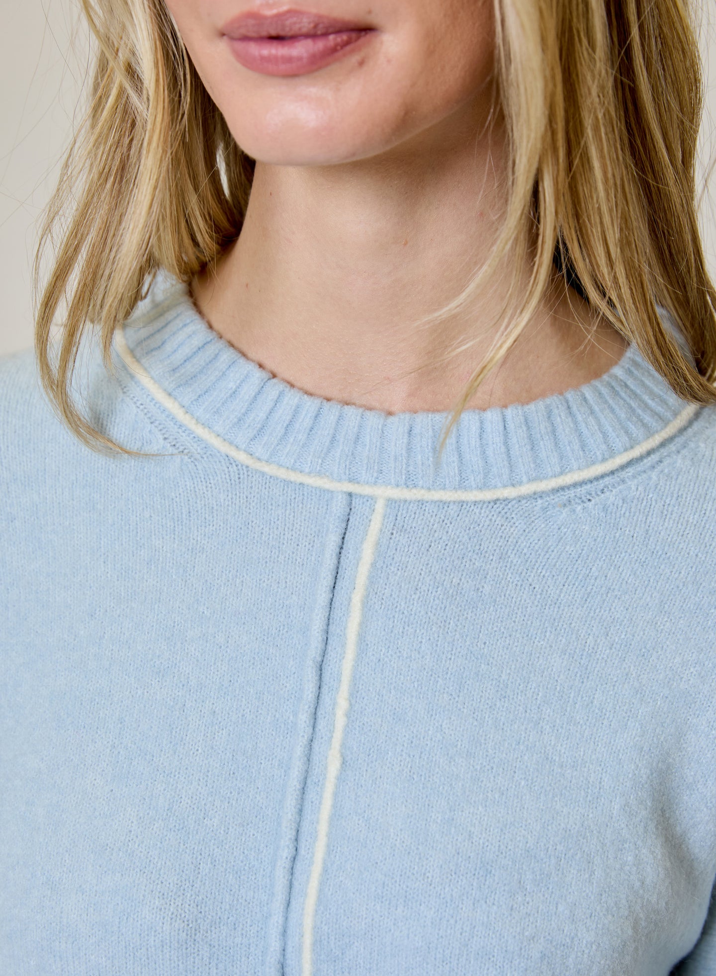 Blue Echo Sweater by design history in light blue with cream contrast trim and a ribbed crew neckline