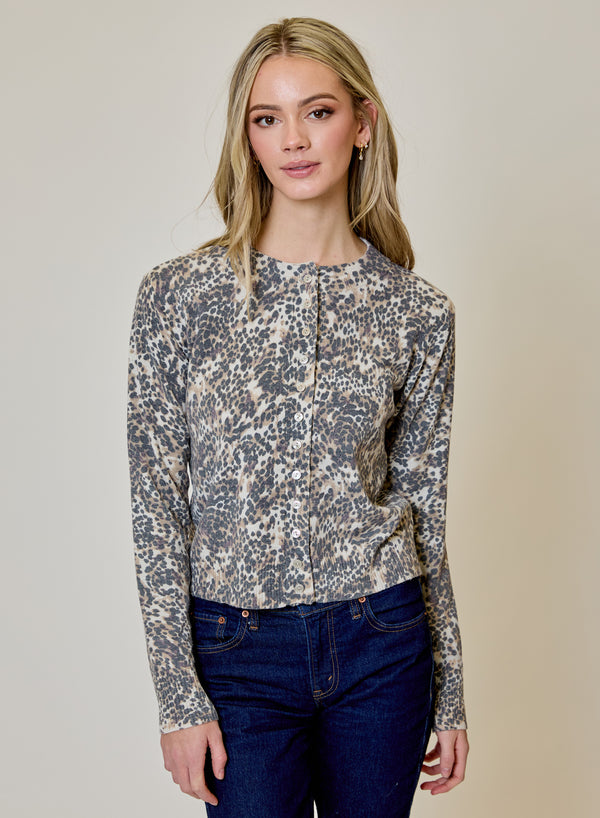 Animal Print Cardigan by design history with long sleeves and button front worn with dark jeans