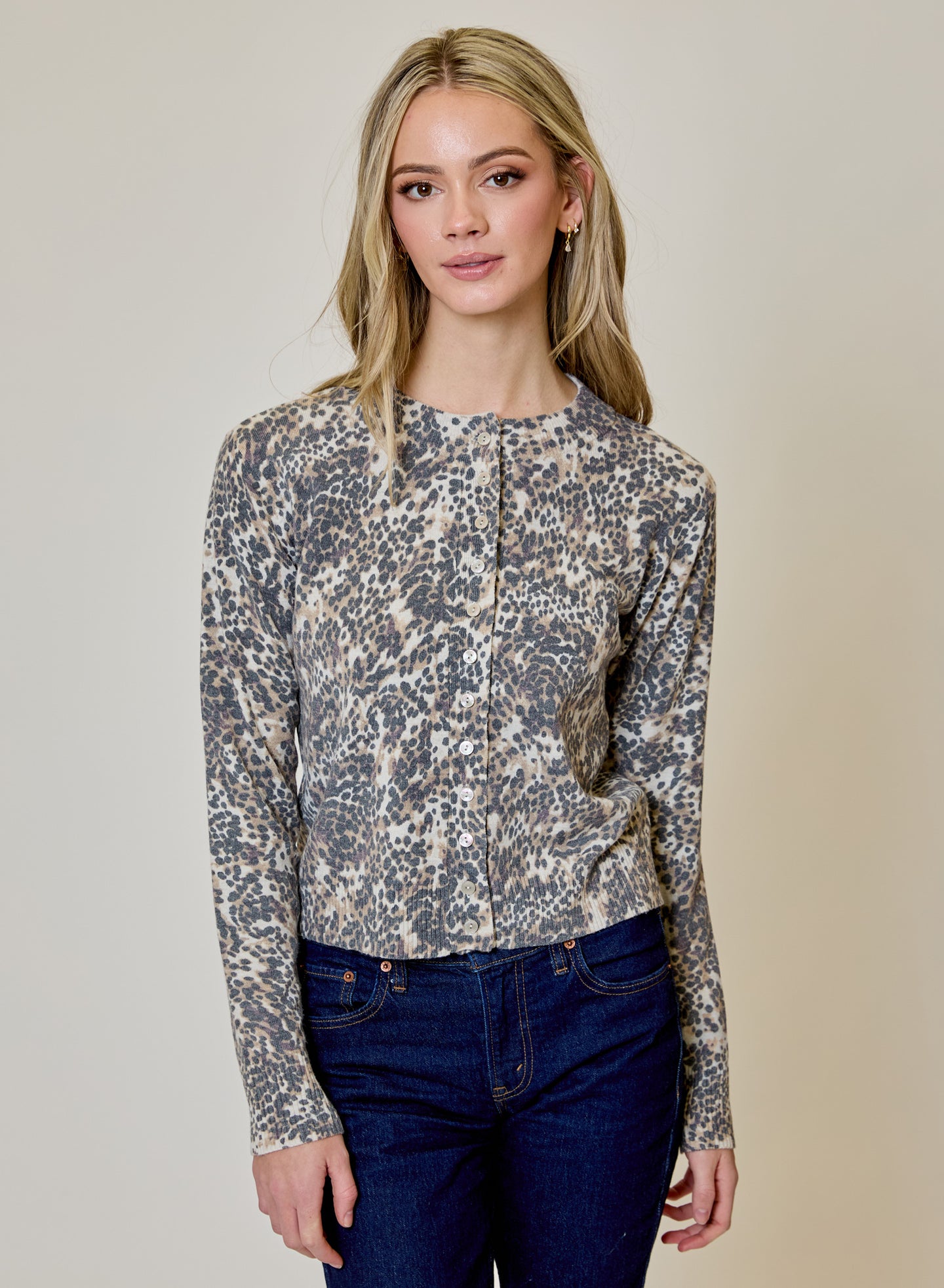 Animal Print Cardigan by design history with long sleeves and button front worn with dark jeans