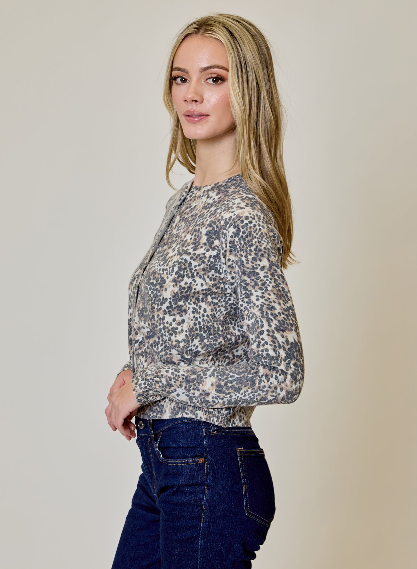 Animal Print Cardigan by design history in neutral animal print tones