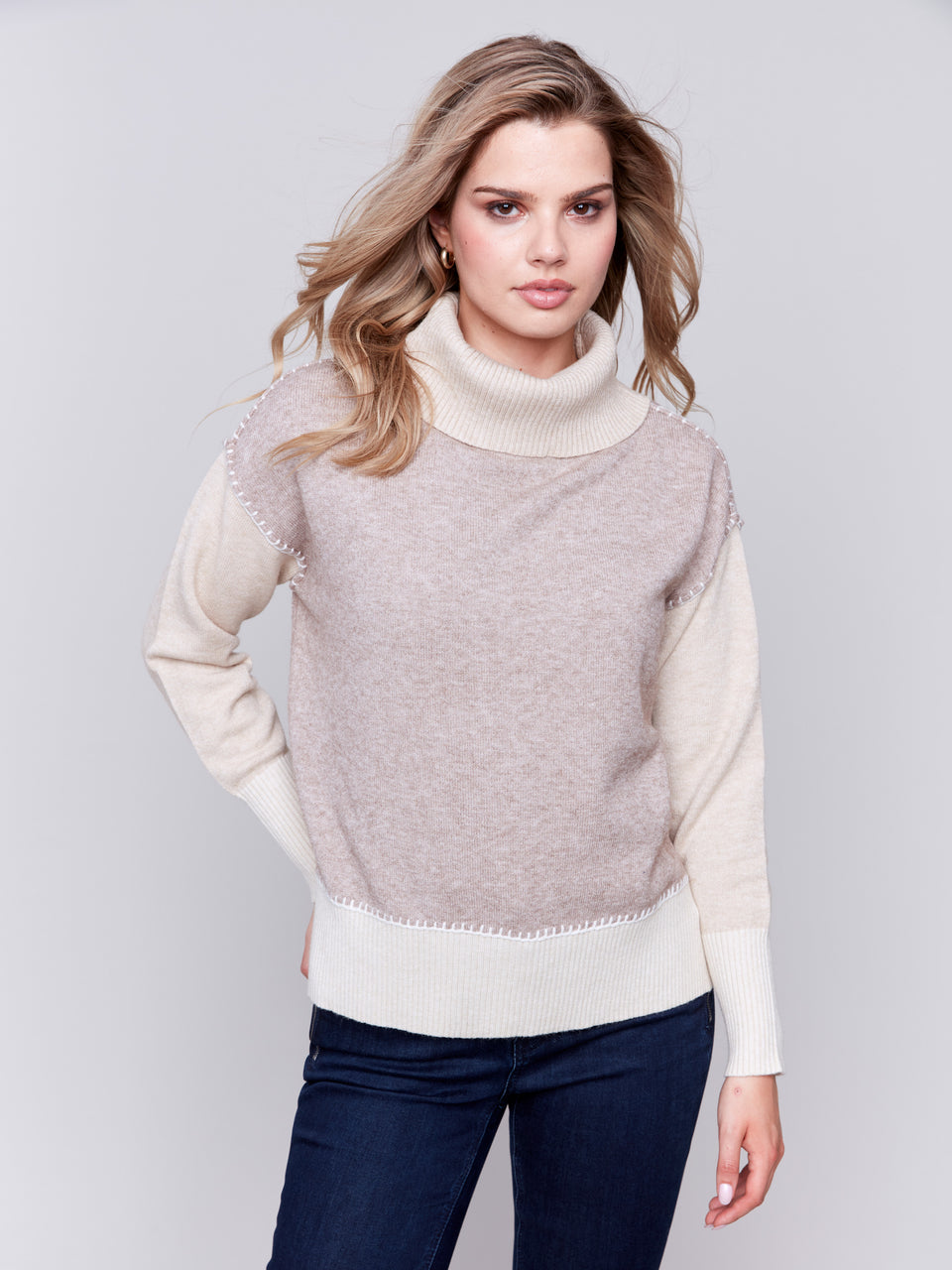 Color-Block Cowl Neck Sweater