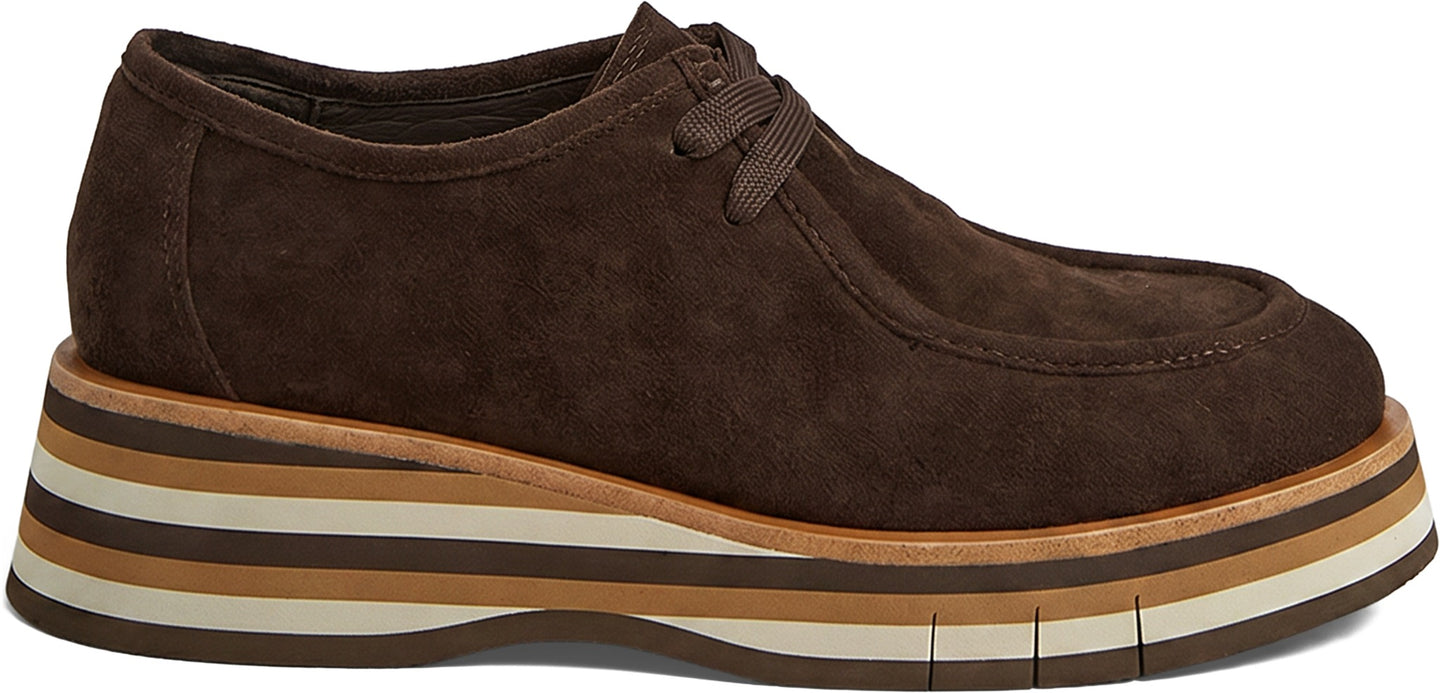 Chocolate Shoe by django & juliette in brown suede with a striped platform sole