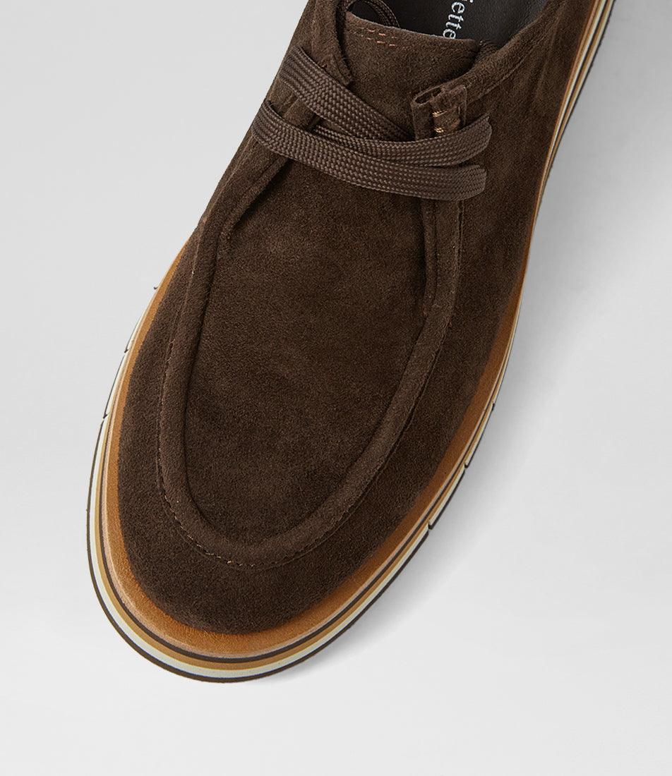 Chocolate Shoe by django and juliette, brown suede lace up shoe with moc toe and layered sole