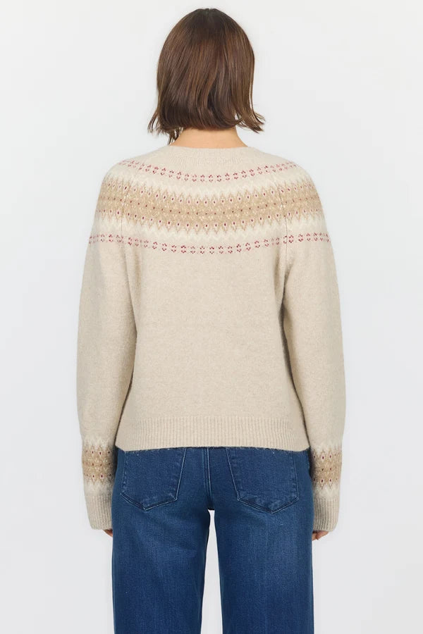 Dear John Cardigan by Dear John cream knit cardigan with patterned yoke and cuffs shown from the back