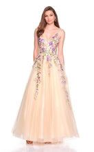 Dave & Johnny Prom Dress Style 12479 features a nude tulle gown with floral embroidery and a deep neckline.