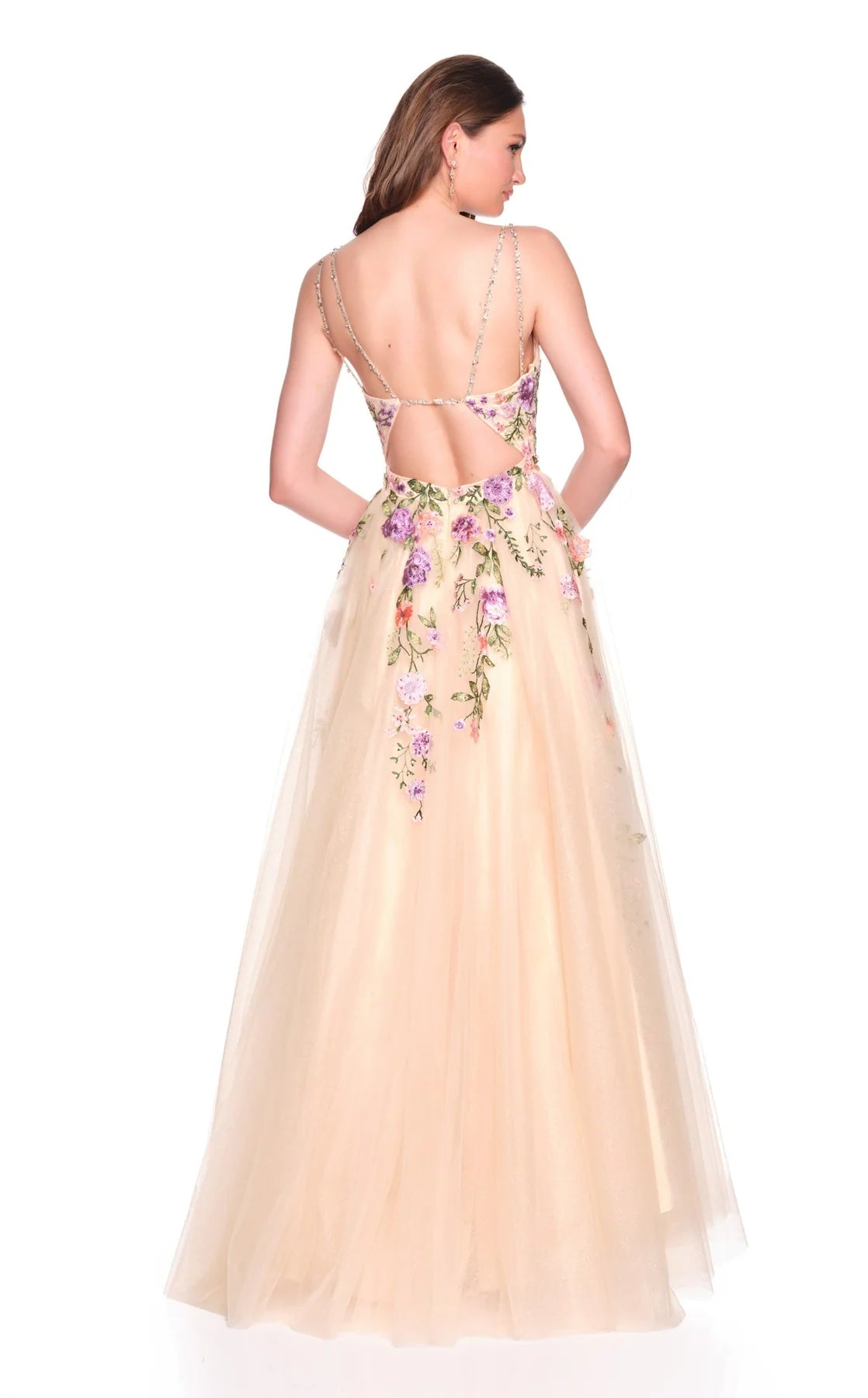 Back view of Dave & Johnny Prom Dress Style 12479 in nude with floral embroidery and delicate straps.