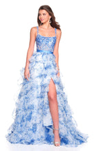 Dave & Johnny Prom Dress Style 12765W featuring blue floral lace bodice and layered ruffled high slit skirt design.