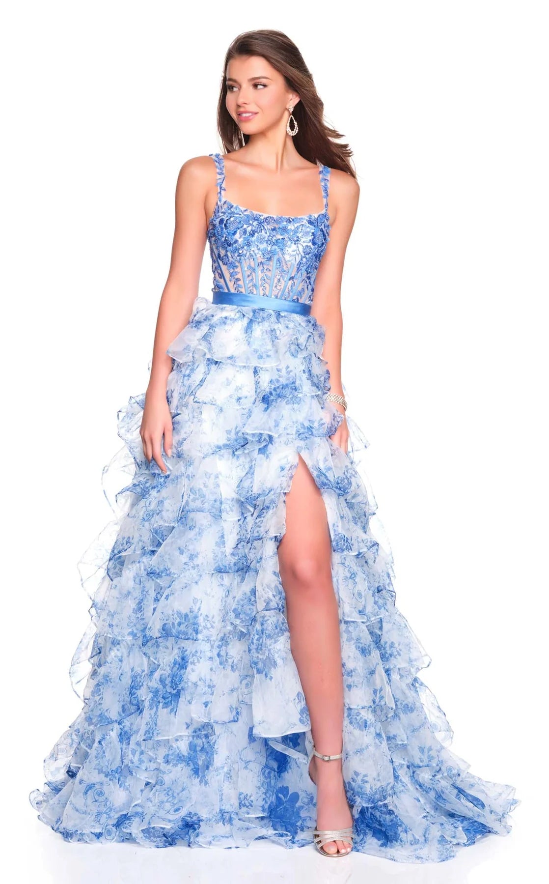 Dave & Johnny Prom Dress Style 12765W featuring blue floral lace bodice and layered ruffled high slit skirt design.
