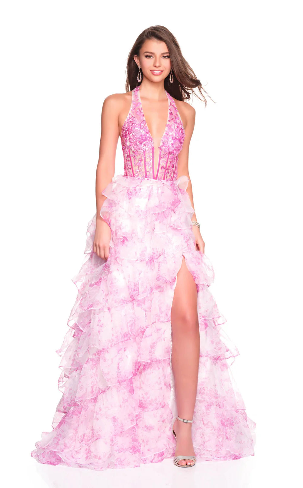 Dave & Johnny Prom Dress Style 12766 features a pink, ruffled gown with a deep neckline and thigh-high slit.