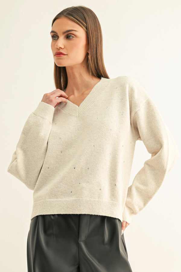 Adelyn Rae Angie off-white embellished V-neck sweater, front view
