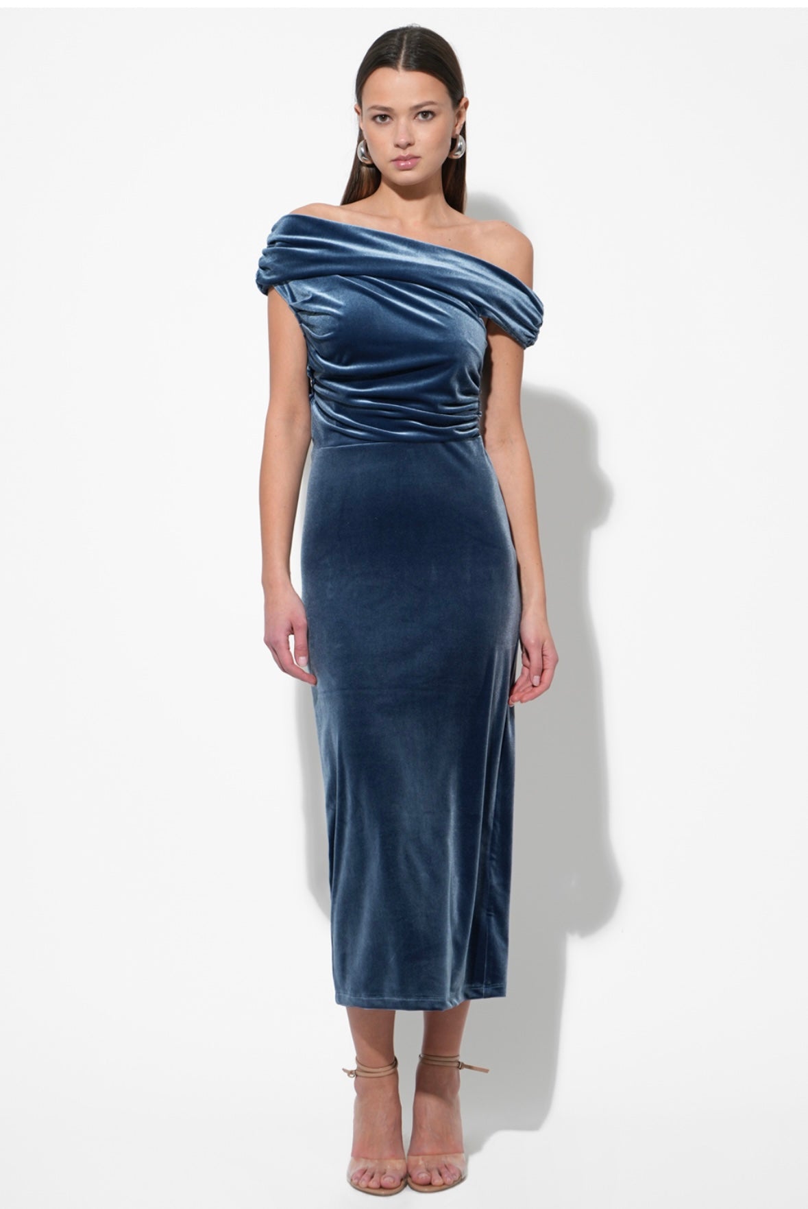 Casette Off Shoulder Velvet Midi Dress