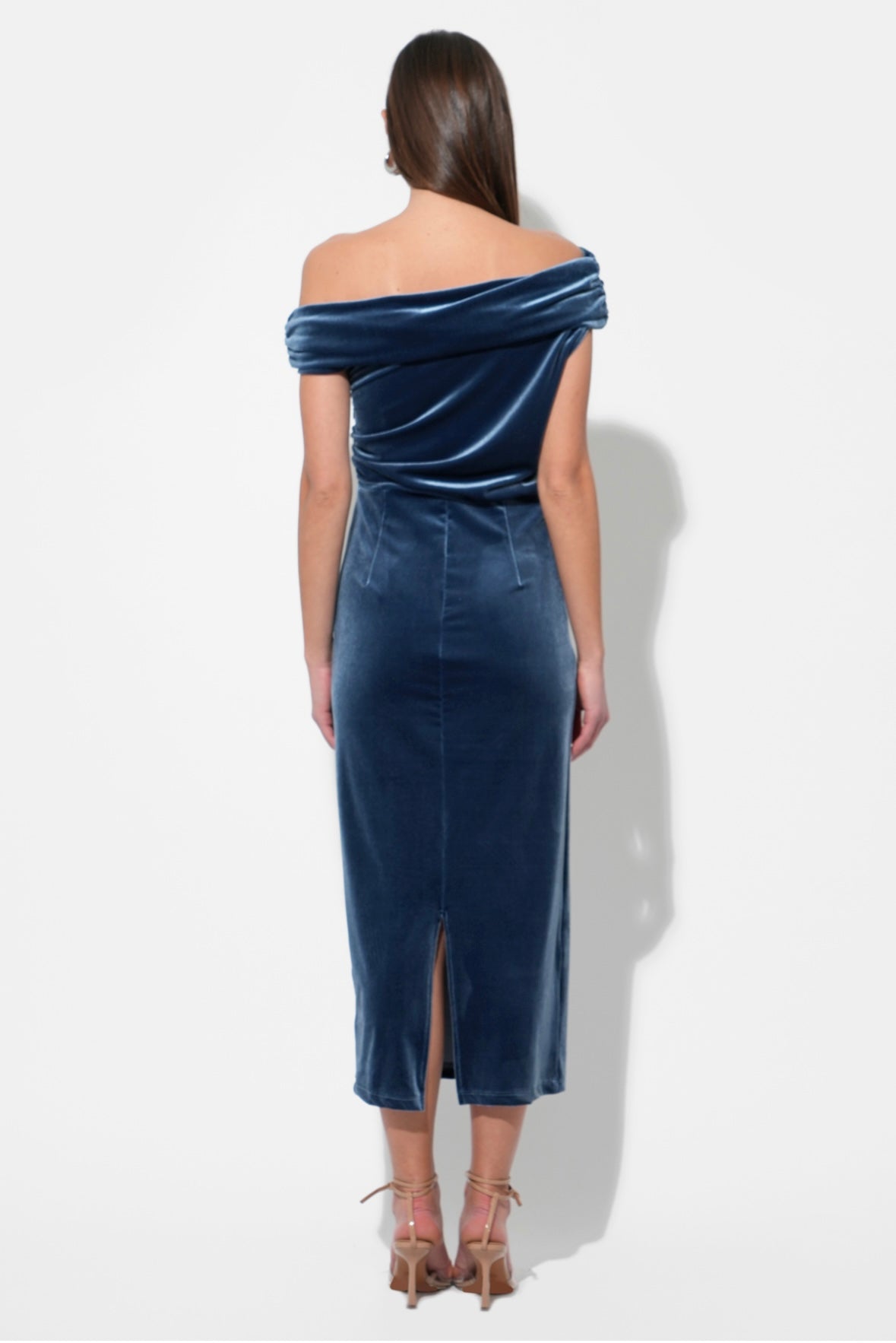 Casette Off Shoulder Velvet Midi Dress