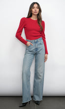 Dani Button Puff Sleeve Ribbed Knit Top - Red knit tops greylin