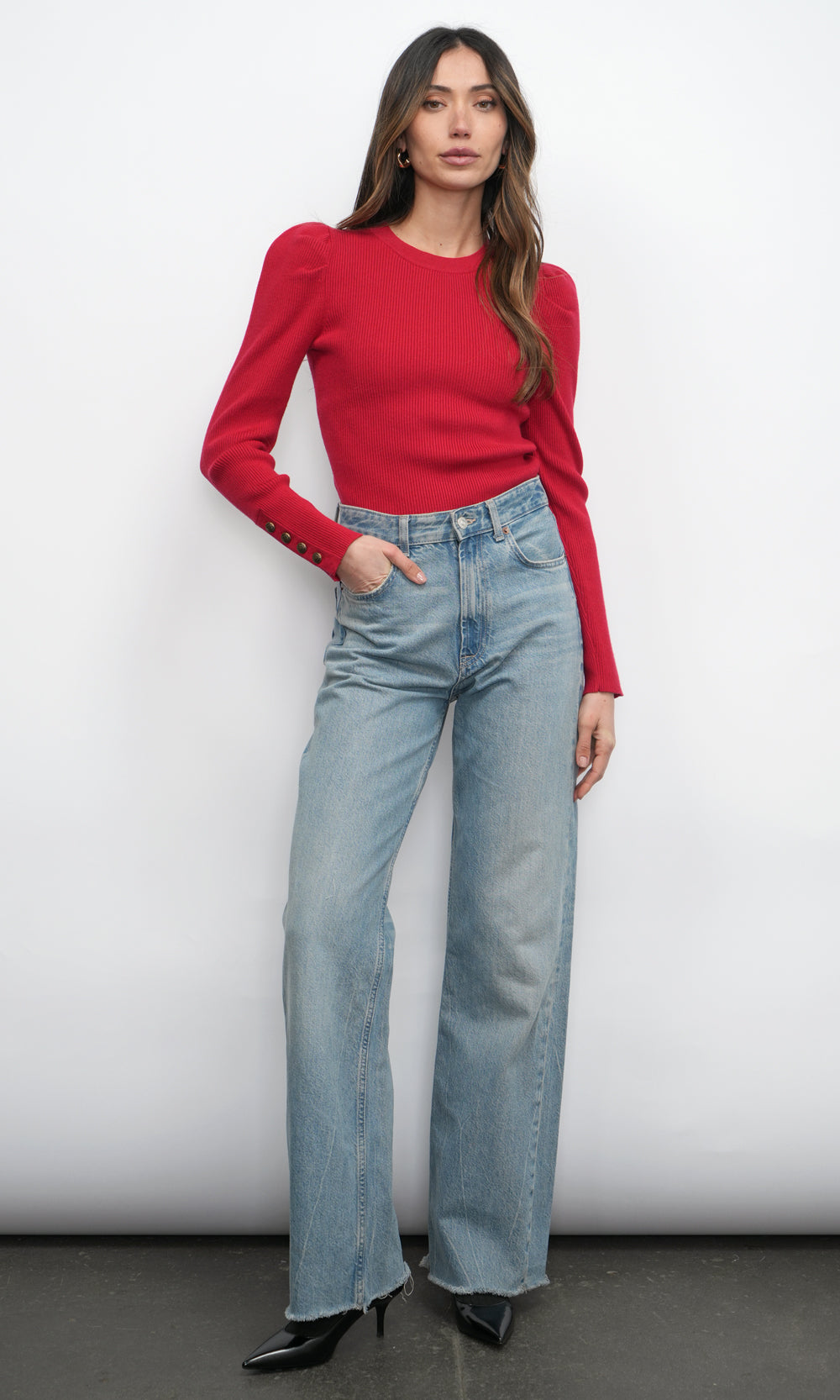 Dani Button Puff Sleeve Ribbed Knit Top - Red knit tops greylin