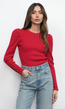 Dani Button Puff Sleeve Ribbed Knit Top - Red knit tops greylin