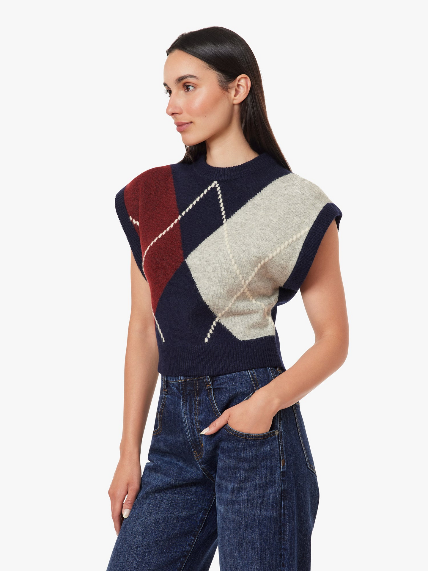 Navy with Winetasting Herringbone Sweater Vest by habitual worn with jeans