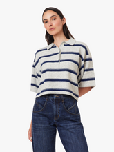 habitual Heather Grey Striped Rugby Polo Sweater worn with dark jeans on a model