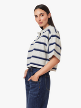 Heather Grey Striped Rugby Polo Sweater by habitual modeled with dark jeans