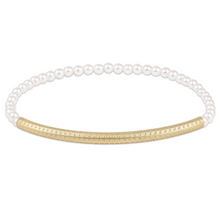 Bliss Bar Textured Pearl 3mm Bracelet by Enewton featuring small white pearls and a gold textured bar centerpiece.