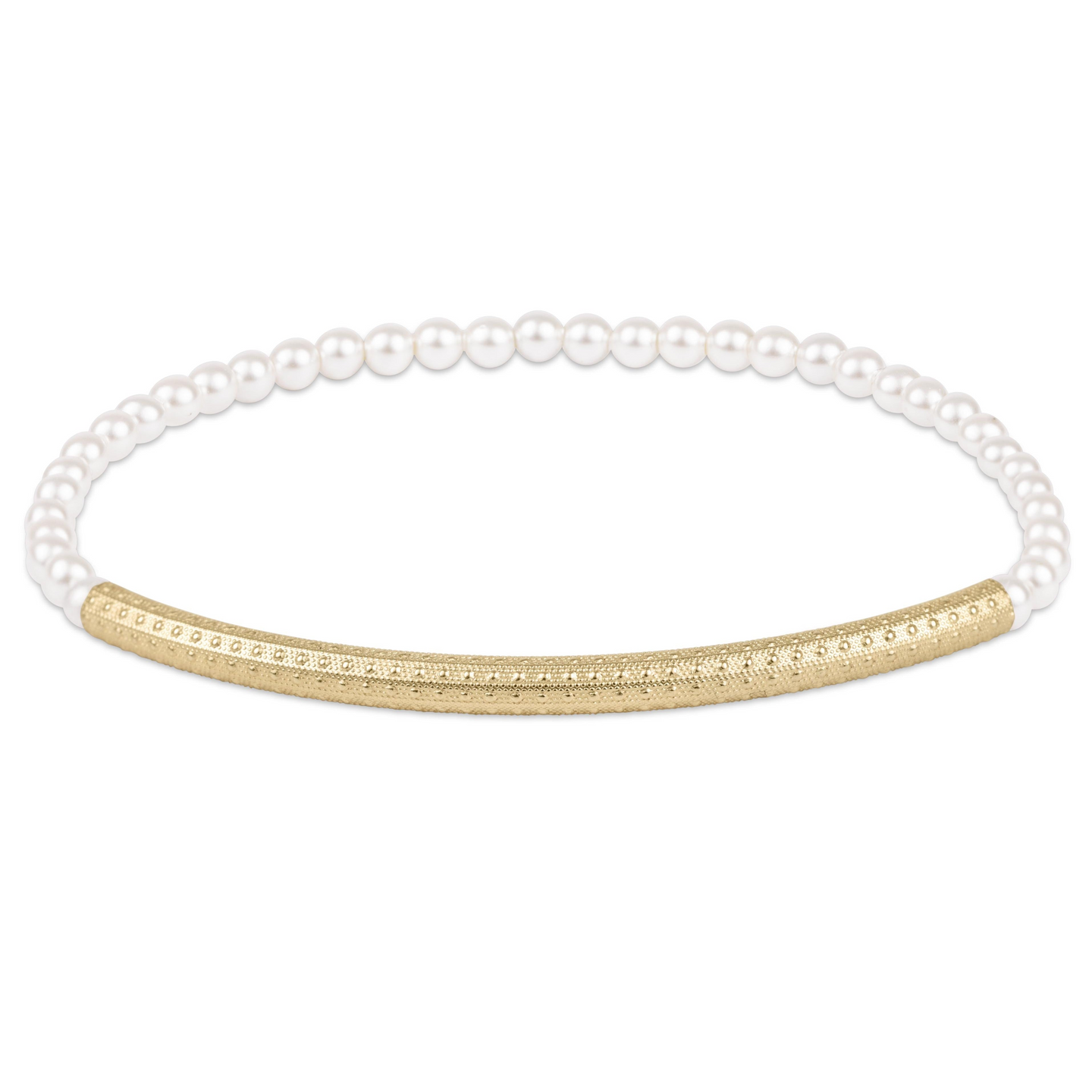 Bliss Bar Textured Pearl 3mm Bracelet by Enewton featuring small white pearls and a gold textured bar centerpiece.