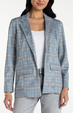 Woman wearing a Shadow Blue Multi Boyfriend Blazer With Princess Darts by liverpool over a white top and gray jeans