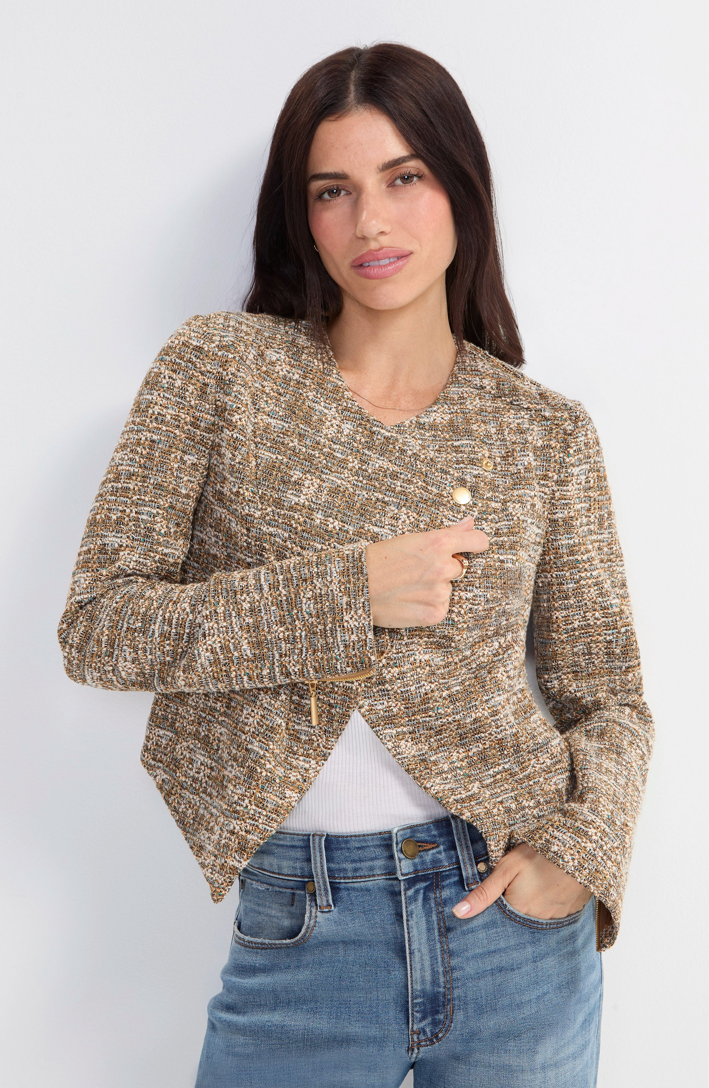 Woman wearing textured Gold Rush Moto Jacket by liverpool with gold buttons and casual blue jeans