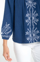 Liberty Blue 3/4 Sleeve Woven Top with Embroidery featuring white floral embroidery on a textured navy fabric by liverpool