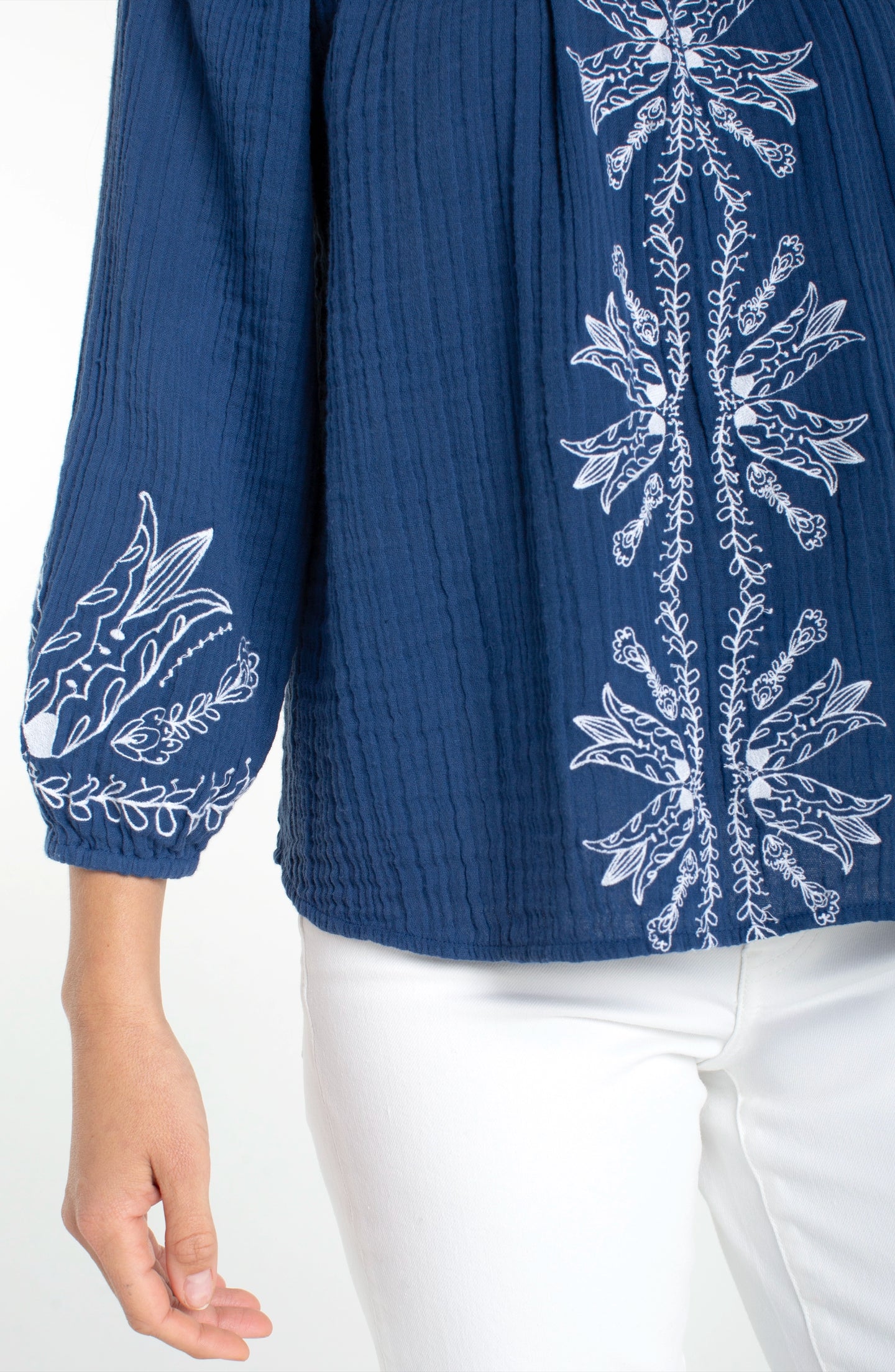 Liberty Blue 3/4 Sleeve Woven Top with Embroidery featuring white floral embroidery on a textured navy fabric by liverpool
