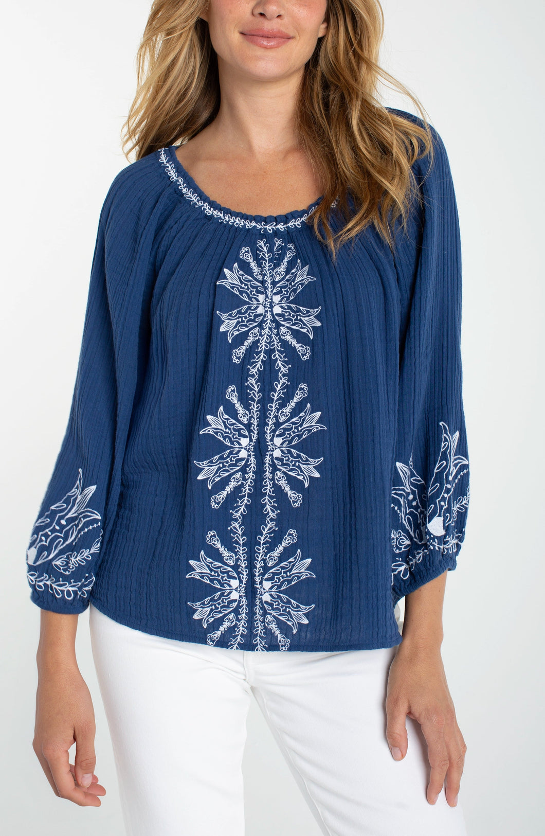 Liverpool 3/4 Sleeve Woven Top with Embroidery