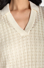Close-up of liverpool Cream Sleeveless Johnny Collar Sweater showing textured knit and open collar design