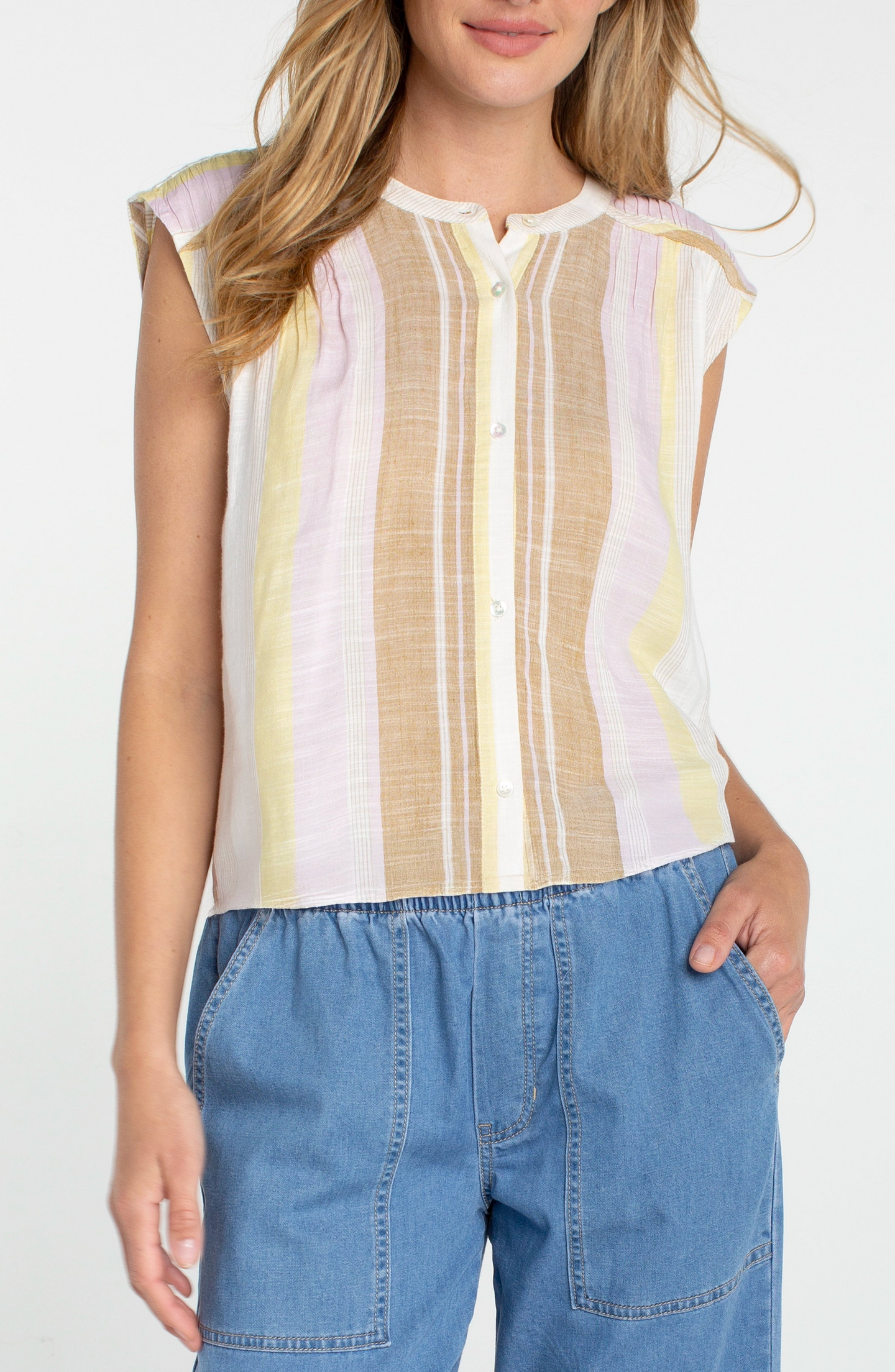 Woman wearing Neapolitan Dolman Button Front Woven Blouse with Shirring by liverpool, styled with casual denim pants