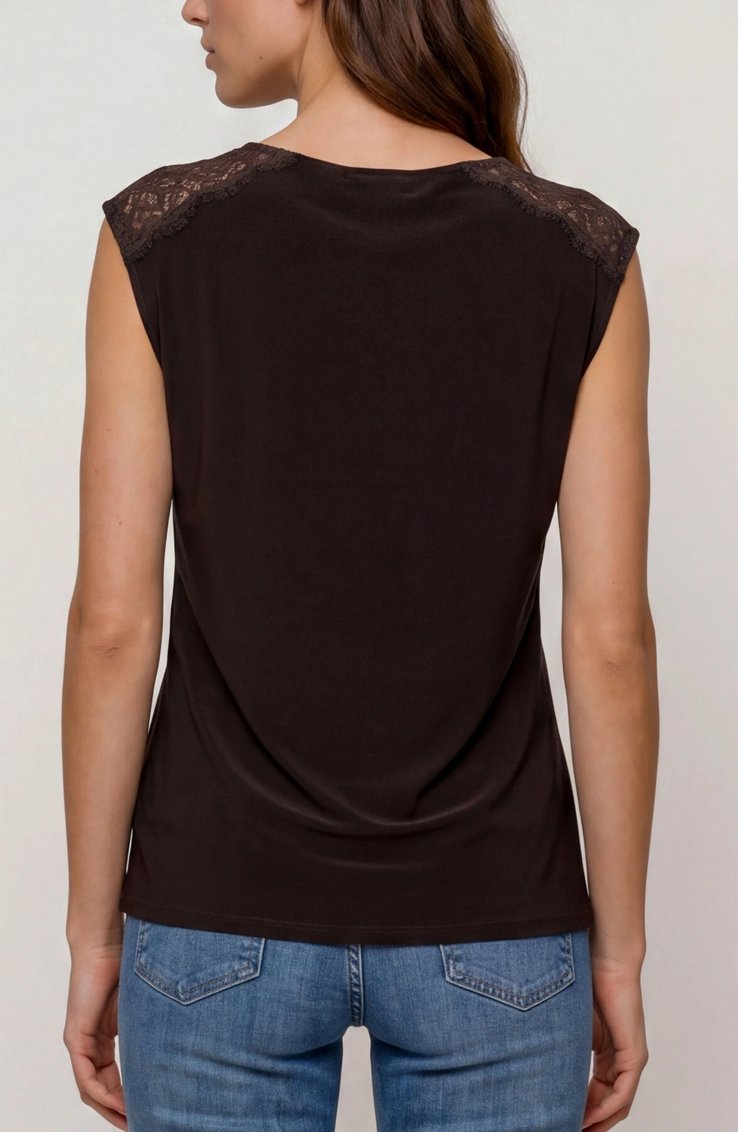 Back view of a woman wearing a dark brown Java Lace Trim Tank by liverpool with lace details on shoulders.