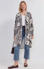 Liverpool Cardigan Sweater by Liverpool in a black and cream abstract print worn with jeans