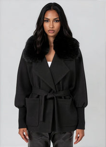 Love Token Halley Black Faux Fur Collar Cinched Waist Jacket
