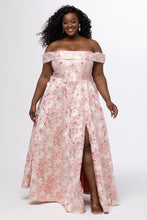 Sydney's Closet Prom Dress Style SC7440 in light pink floral with off-the-shoulder neckline and thigh-high slit