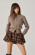 ASTR Tawni Mock Turtleneck Cardigan in taupe with mock turtleneck, gold button front, and relaxed fit