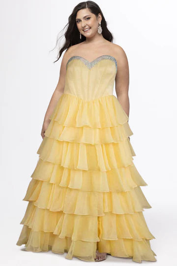 Sydney's Closet Prom Dress Style TE2611 features a strapless yellow tiered gown with silver trim on the bodice.